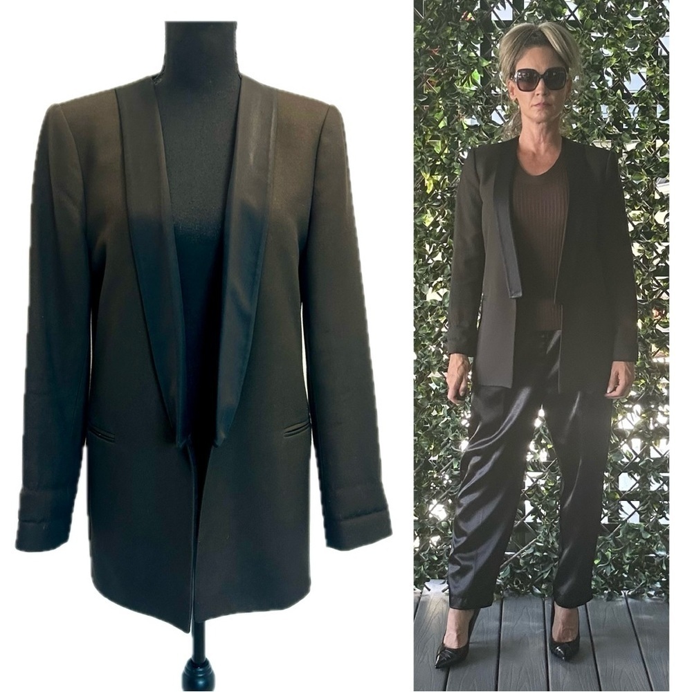 Zara dark brown textured black satin lapel collar open front tuxedo blazer Sz L